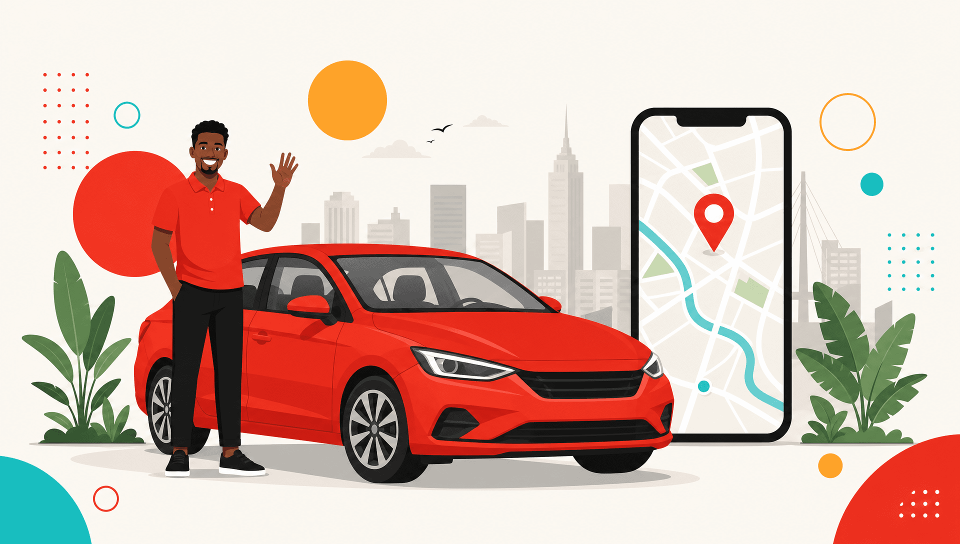 A Vumio driver waving beside their car with a navigation map