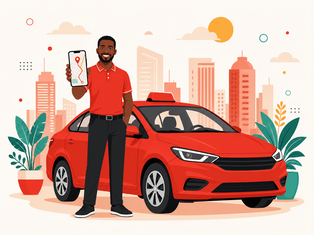 A Vumio driver beside their car holding a phone with the navigation map