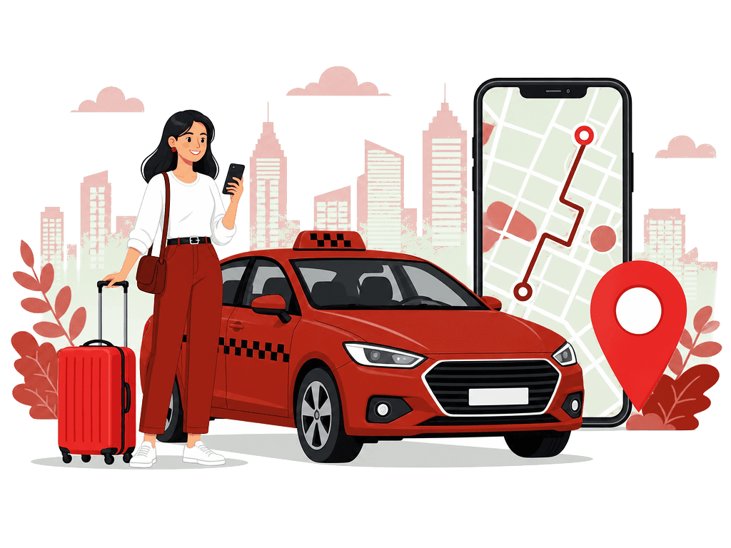 A passenger with luggage hailing a Vumio ride, with a phone showing the live route